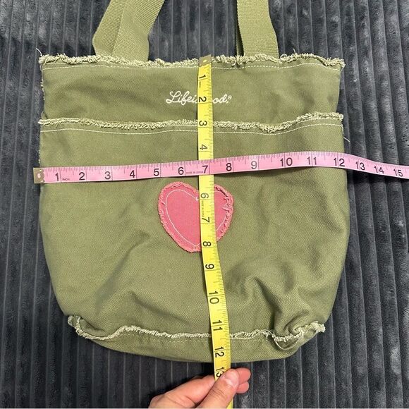 Life is Good Canvas Tote Bag Frayed Edge w/ Heart Green - Picture 3 of 8